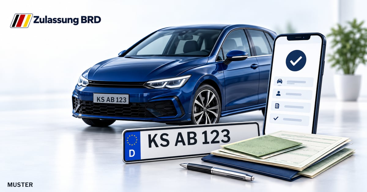 Online Fahrzeugzulassung in Espenau: Musterkennzeichen KS AB 123, Auto und Fahrzeugpapiere und Smartphone. Illustration mit Logo von Zulassung BRD.